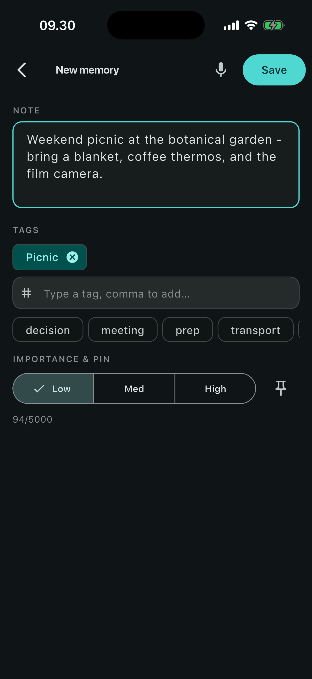 New memory editor with a single text field, tags and importance
